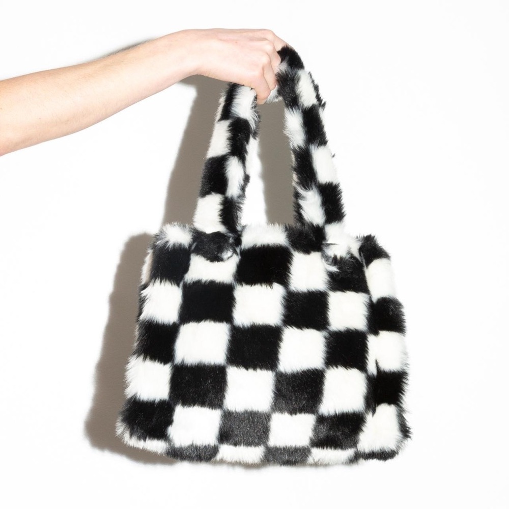 Checkered Faux Fur Tote Bag